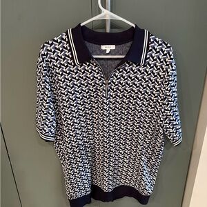 Reiss Navy and White Geometric Zip Polo